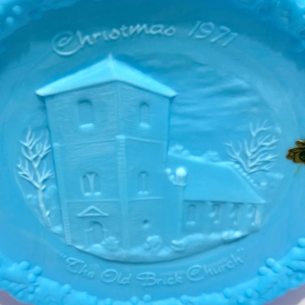 Fenton 1971 Christmas in America #2 Old Brick Church Blue Satin Glass Plate 8in